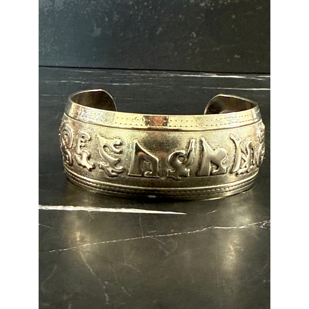 Tibetan Om Man Padme Silver Tone Cuff Bracelet